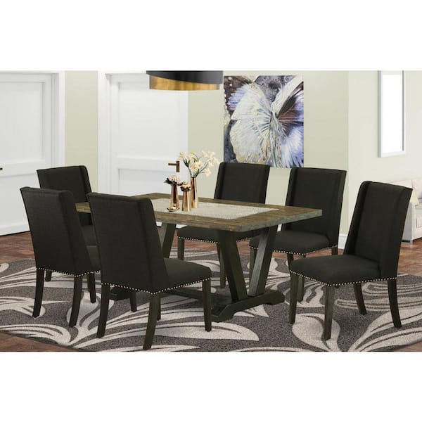 East West Furniture 7-Piece Natural Oak Finish Solid Wood Top Dining Table with 6 Parson Chairs with Lattice Back