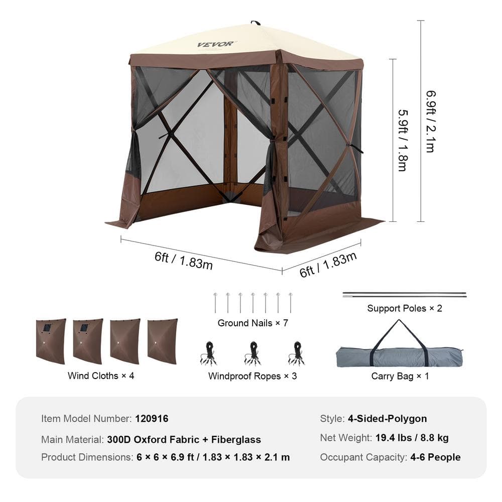 Brown 6 x 6 ft Pop-Up Gazebo Tent with Mesh Windows