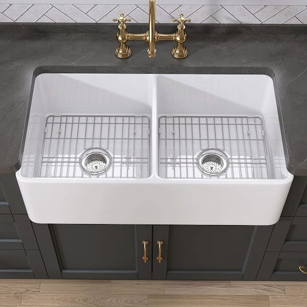 Zeafive Goz 33 in. Apron Front Farmhouse Sink Rectangular White Double Bowl Center Drain Fireclay Kitchen Sink with Accessories