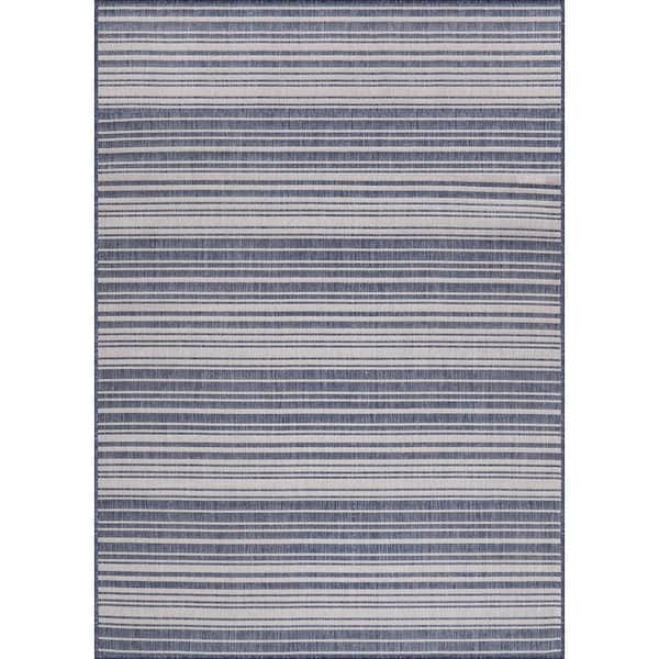 Blue 10 ft. x 14 ft. Striped Washable Modern Indoor Outdoor Area Rug