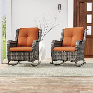 Wicker Outdoor Rocking Chair Patio with Orange Cushion (2-Pack)