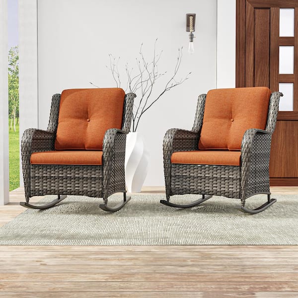 JOYSIDE Wicker Outdoor Rocking Chair Patio With Orange Cushion (2-Pack ...