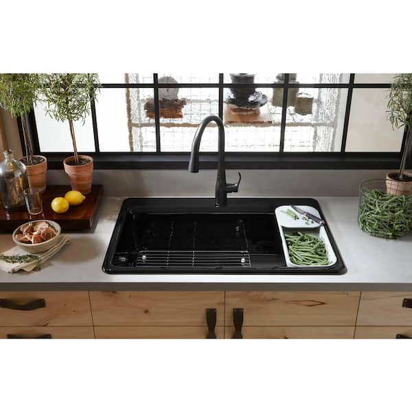 Riverby Workstation Drop-In Cast Iron 33 in. 4-Hole Single Bowl Kitchen Sink Kit with Included Accessories in White