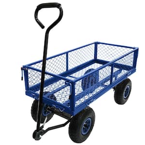 3.5 cu. ft. Mesh Steel Frame Wagon Heavy-Duty Push Garden Cart with Removable Sides for Outdoor Lawn Landscape in Blue