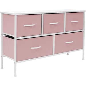 11.87 in. L x 39.5 in. W x 24.62 in. H 5-Drawer Pink Dresser Steel Frame Wood Top Easy Pull Fabric Bins