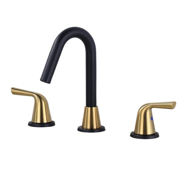 Aleasha 8 In Widespread Double Handle Bathroom Faucet With Drain Kit Included In Gold And Black