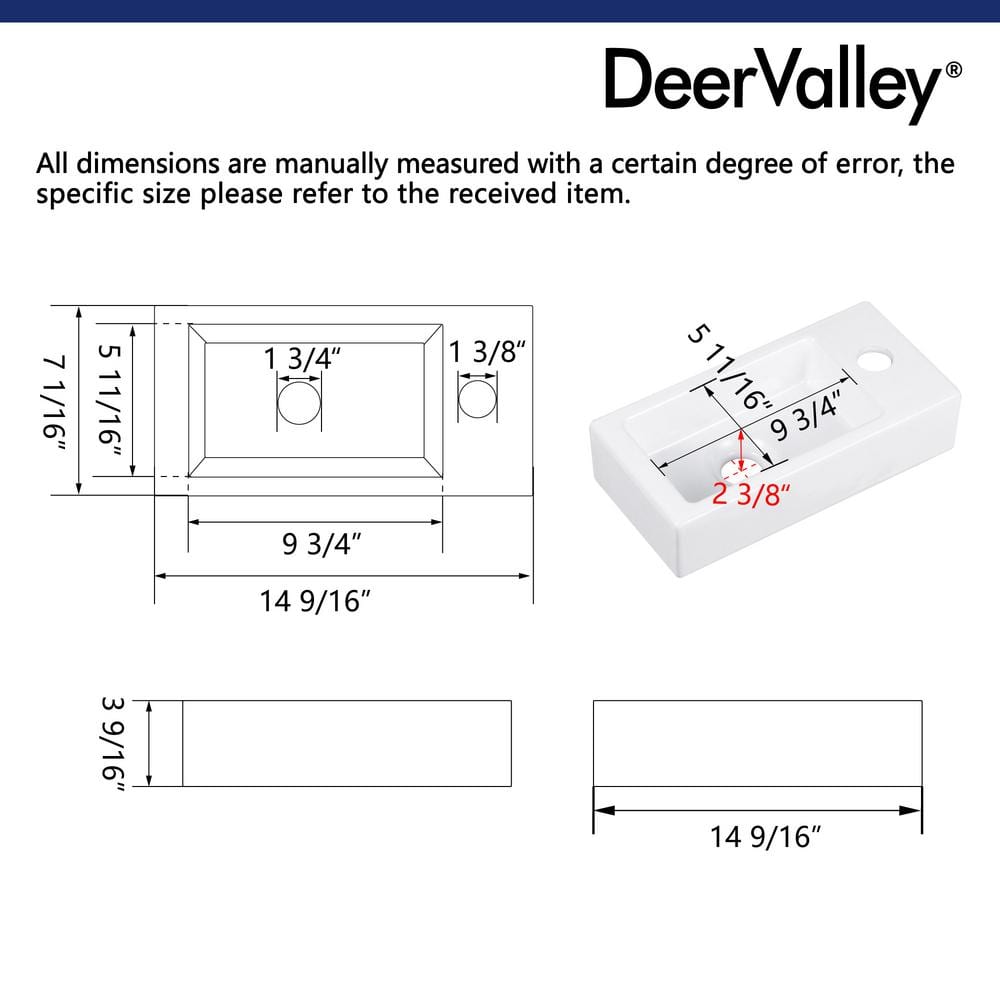 White Ceramic Rectangular Wall Mount Bathroom Sink