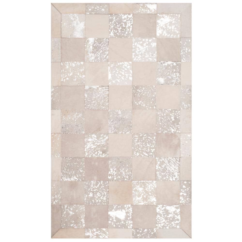 Ivory and Silver Hand-Knotted Geometric Leather Area Rug
