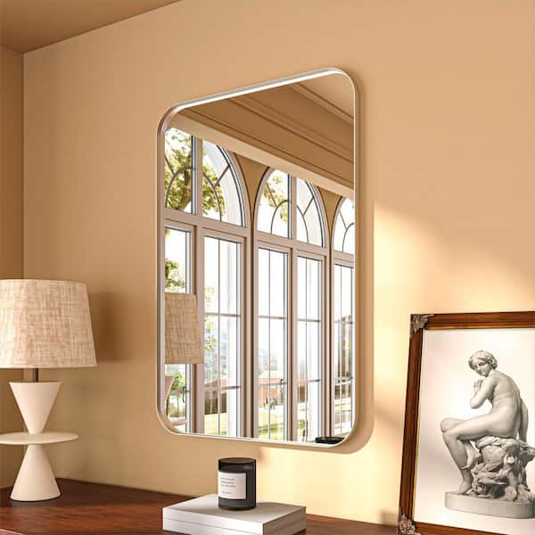 24 in. W x 36 in. H Rectangular Aluminum Framed Modern Silver Rounded Wall Mirror