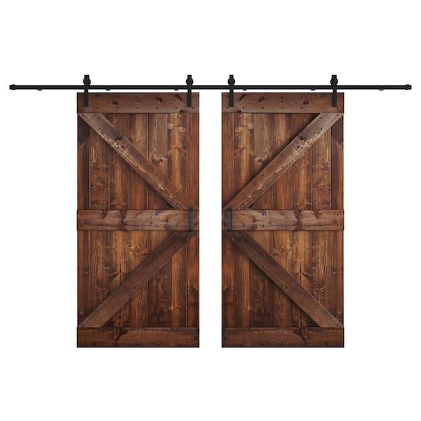 K Series 84 in. x 84 in. Dark Walnut DIY Knotty Wood Double Sliding Barn Door with Hardware Kit