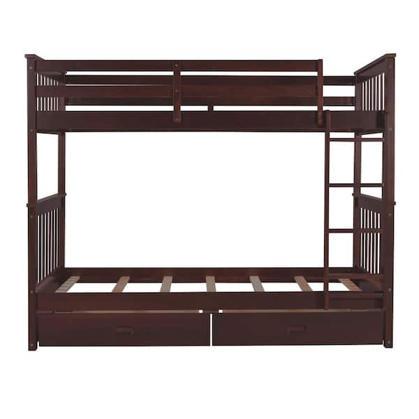 Polibi Espresso Twin-Over-Twin Bunk Bed with Ladders and 2 Storage Drawers