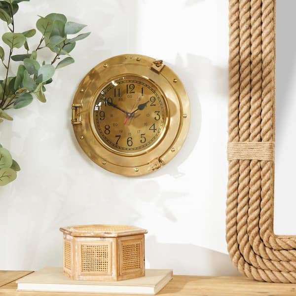 Decorative Brass Porthole Clock on a Solid Wooden Base