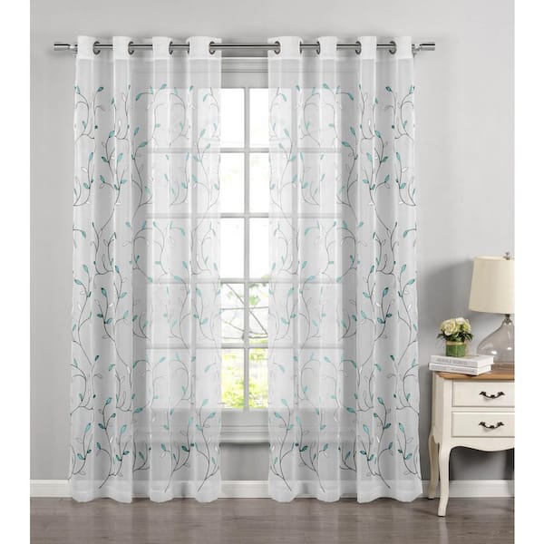 CREATIVE HOME IDEAS Wavy Leaves Turquoise Polyester Faux Linen 54 in. W x 63 in. L Embroidered Grommet Sheer Curtain (Single Panel)
