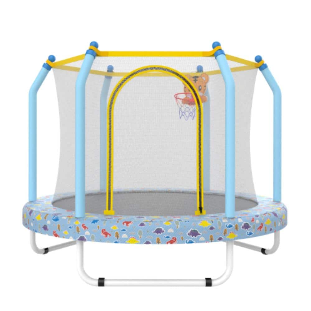 55 in. Blue Forest Metal Outdoor Small Trampoline with Basketball Hoop for Kids