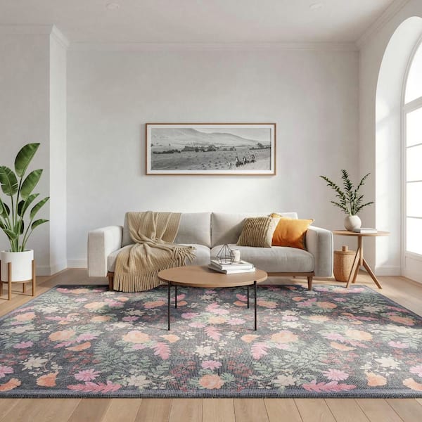 Botanical Washables Charcoal Multicolor 8 ft. x 10 ft. Floral Contemporary Area Rug