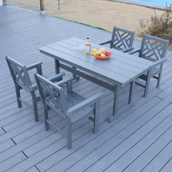 Grey 5-Piece HDPE Rectangular Outdoor Dining Set with Umbrella Hole for Garden, Backyard, Lawn, and Poolside