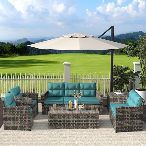 Alpine 6-Piece Rattan Wicker Patio Outdoor Conversation Set with Turquoise Cushions