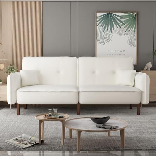 Unbranded 75 in. White Fabric Upholstered Twin Size Sofa Bed with 2-Pillows 3-Adjustable Modes 2-Pockets 6-Solid Wood Legs