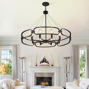 Industrial 8-Light Kitchen Island Living Room Dimmable Candle Style Wagon Wheel Chandelier, No Bulbs Included