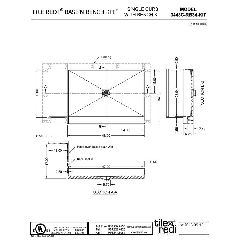 Gray 60-Inch Rectangle Shower Pan Base Kit with Center Drain