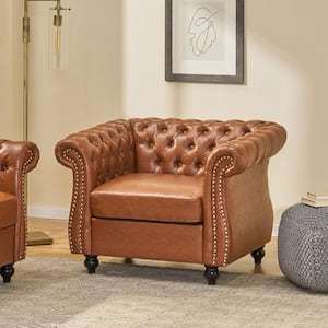 Chesterfield Inspiration Light Brown PU Deep Button Tufting Club Chair Arm Chair with Scrolled Arms