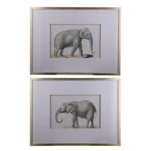 Framed Elephant White, Gold Pencil Drawings Wall Art (Set of 2)