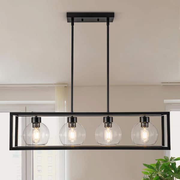 GoYeel Modern 4-Lights Globe Glass Pendant Light 4-Light Matte Black Industrial Hanging Kitchen Island Light with Metal Shell