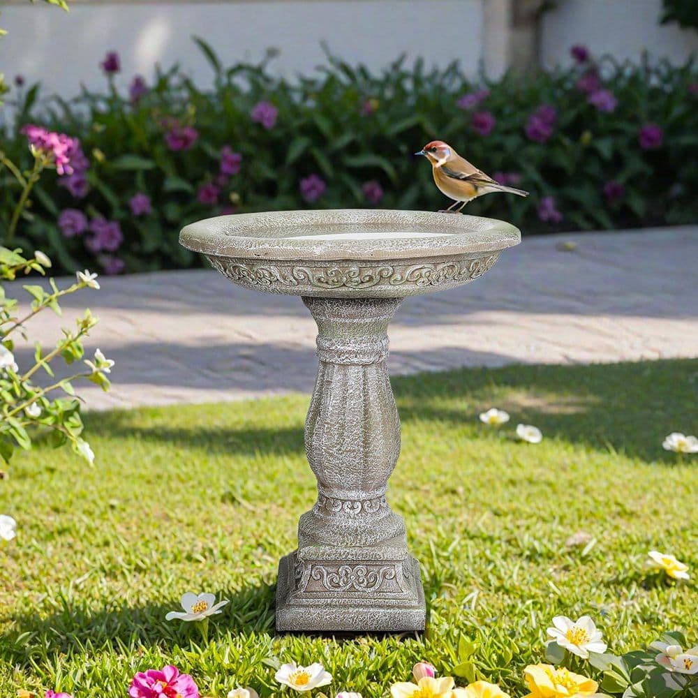 Watnature 23.8 in. Cement Outdoor Bird Bath Fibre Reinforced Concrete Modern Birdbath with Pedestal for Garden, Patio, Yard, Lawn 30039