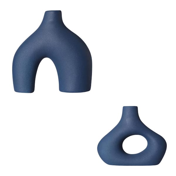 Afoxsos Blue Ceramic Vase Set of 2 for Modern Minimalist Bohemian Decor，Round Matte Donut Vases for Living Room