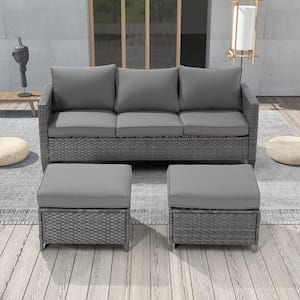 3-Seater Patio Gray Wicker Sofa set with Ottomans, Gray Cushion