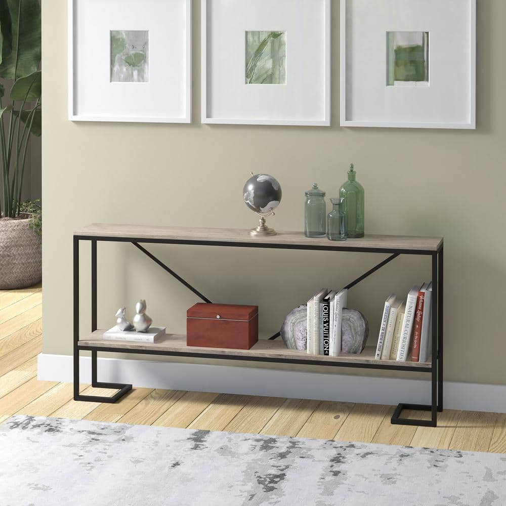 Farmhouse V-Back 64" Blackened Bronze & Antiqued Gray Oak Console Table with Shelf