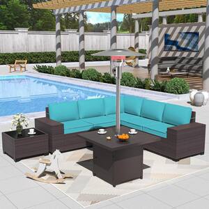 7-Piece Wicker Patio Conversation Set with 45000 BTU Patio Heater/Fire Pit Table, Glass Coffee Table and Blue Cushions