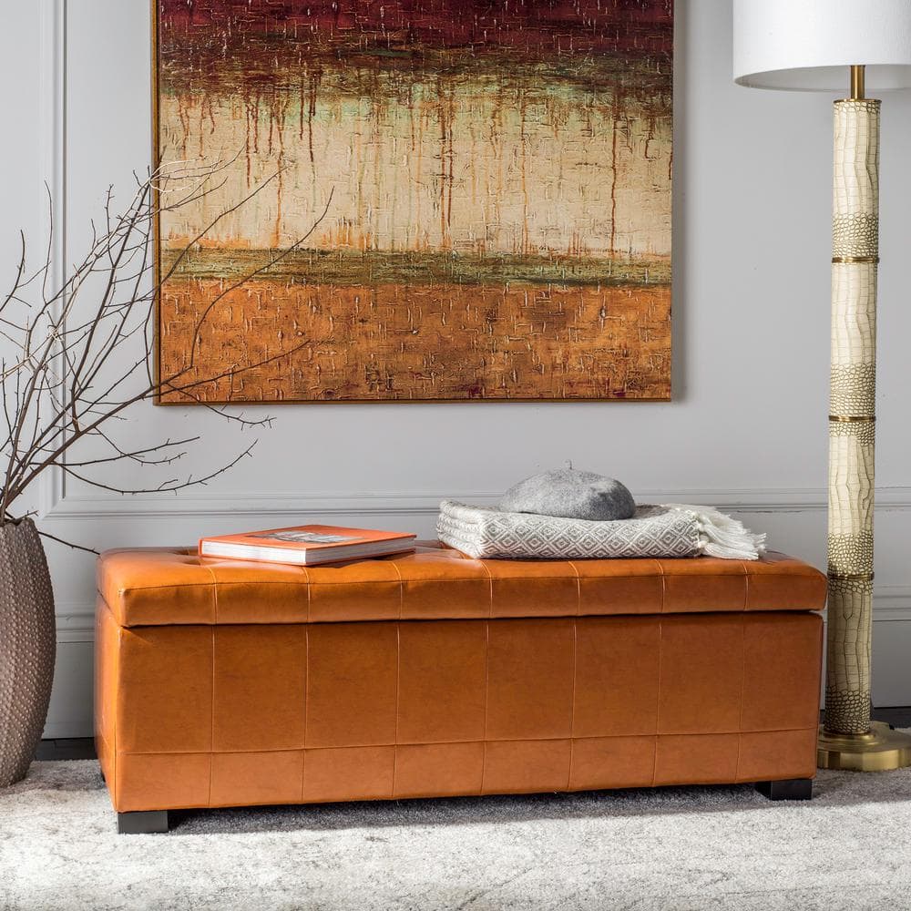 Transitional Saddle Brown Tufted Storage Bench with Beech Wood Frame