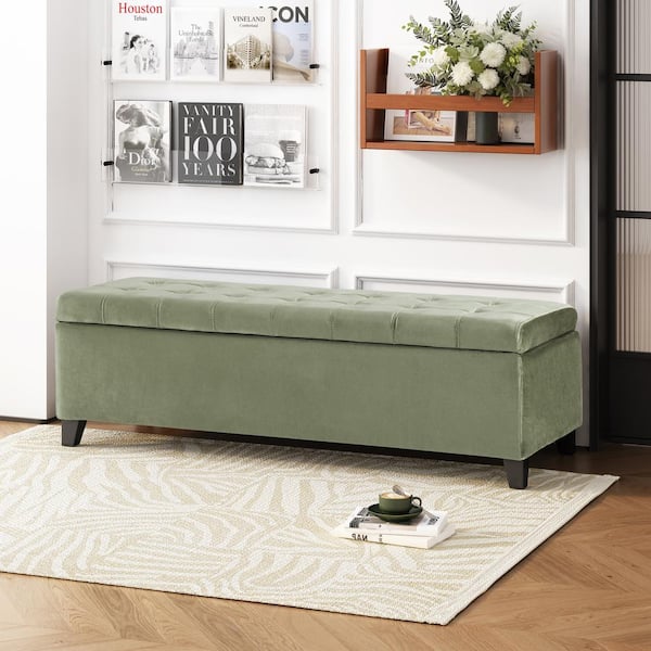 Noble House Mission Pistachio Velvet Upholstery Storage Ottoman Bench