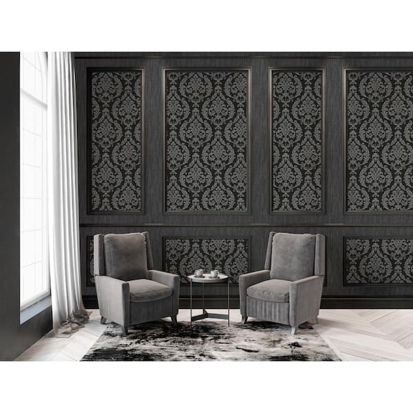 Palazzo 2 Collection Black/Silver Silk Damask Vinyl on Non-Woven Non-Pasted Wallpaper Sample