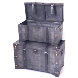 Distressed Black Large Wooden Storage Trunk Coffee Table (Set of 2)