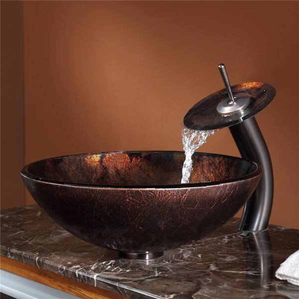 Cheerup_dd Round Glass Vessel Sink With Matching Waterfall Faucet – Bathroom, Black/Gray