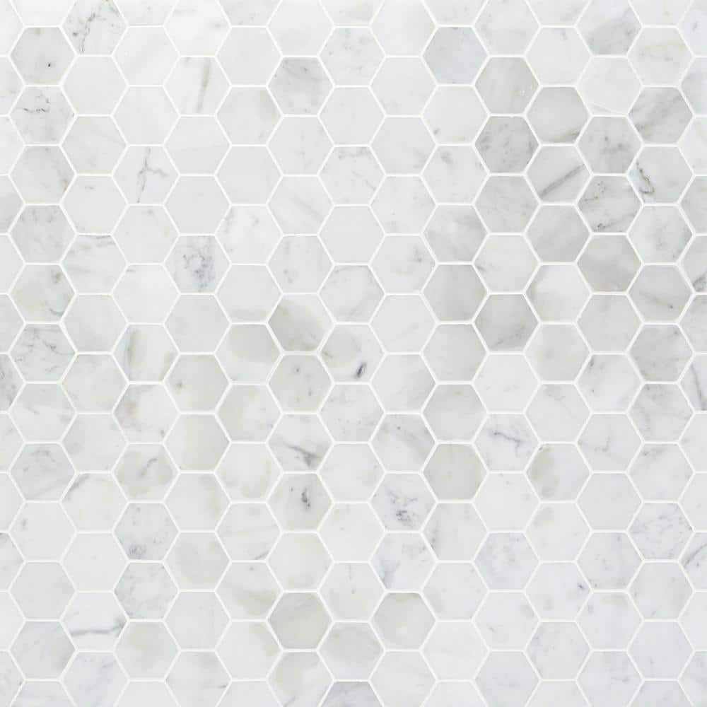 White Carrara 2" Hexagon Polished Marble Mosaic Tile
