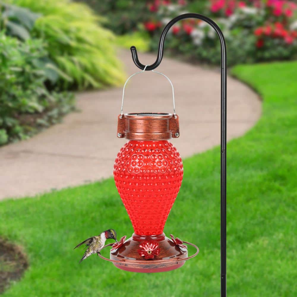 Solar Red Glass and Copper Hanging Hummingbird Feeder