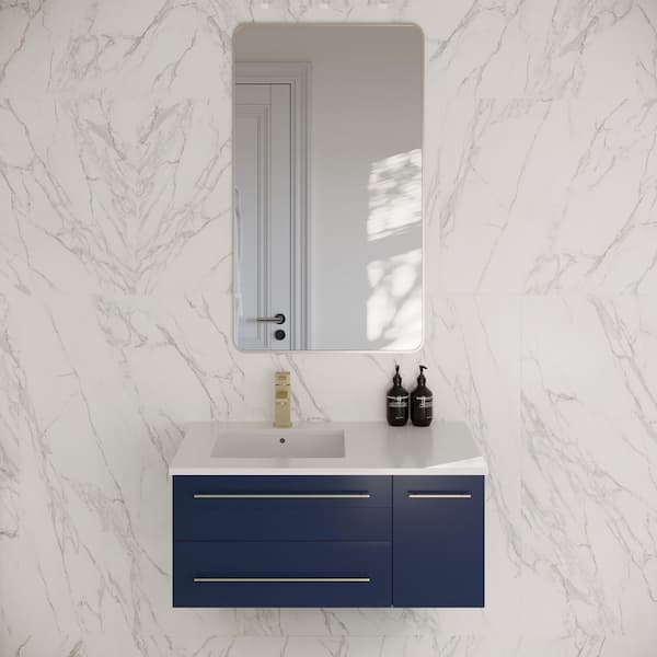 Lucera 36 in. Single Sink Wall Mount Royal Blue Bath Vanity with White Quartz Top and Undermount Sink - Left Version