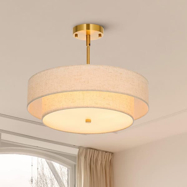 18 in. 4-Light Antique Brass Semi-Flush Mount Ceiling Light Fixture Drum Pendant Light with 2-Layer Fabric Shade