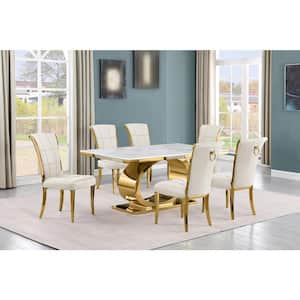 Ibraim 7-Piece Rectangle White Marble Top Gold Stainless Steel Dining Set With 6-Cream Velvet Gold Iron Leg Chairs