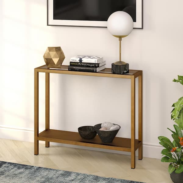 Meyer&Cross Rigan 36 in. Brass/Clear Standard Rectangle Glass Console Table with Storage