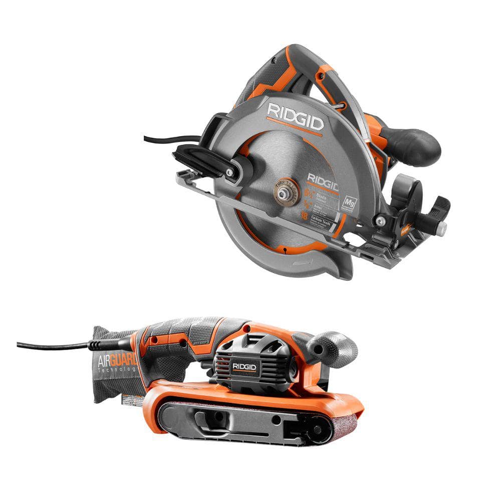 RIDGID 6.5 Amp Corded in x 18 in Heavy-Duty Variable Speed Belt Sander w/  12 Amp Corded 6-1/2 in Compact Framing Circular Saw R27401-R3204 The Home  Depot