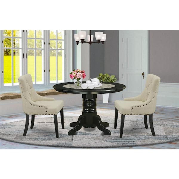 3-Piece Black Finish Solid Wood Top - Round Dining Room Set - Seats 4
