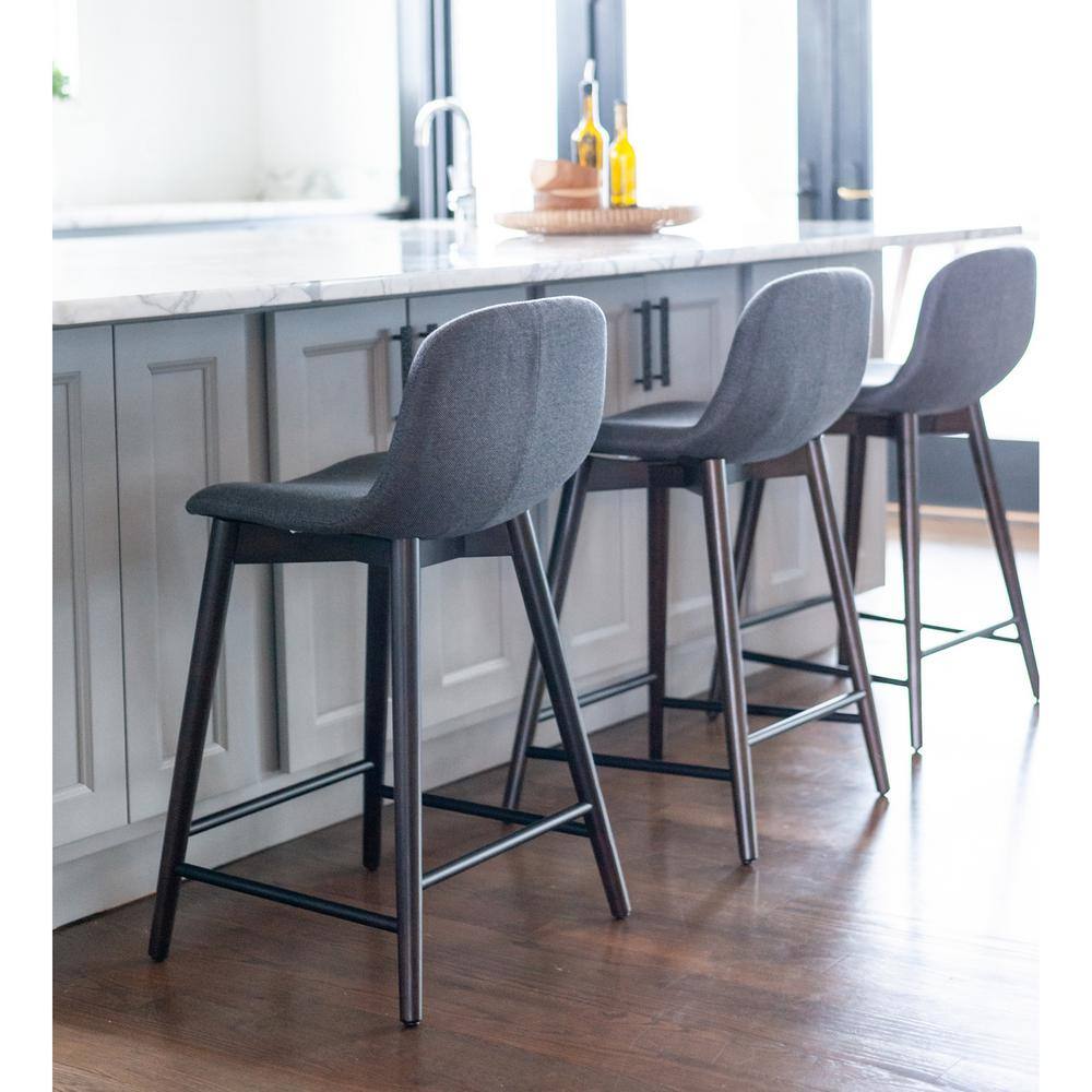 Gray Upholstered Solid Wood Counter Stool with Footrest