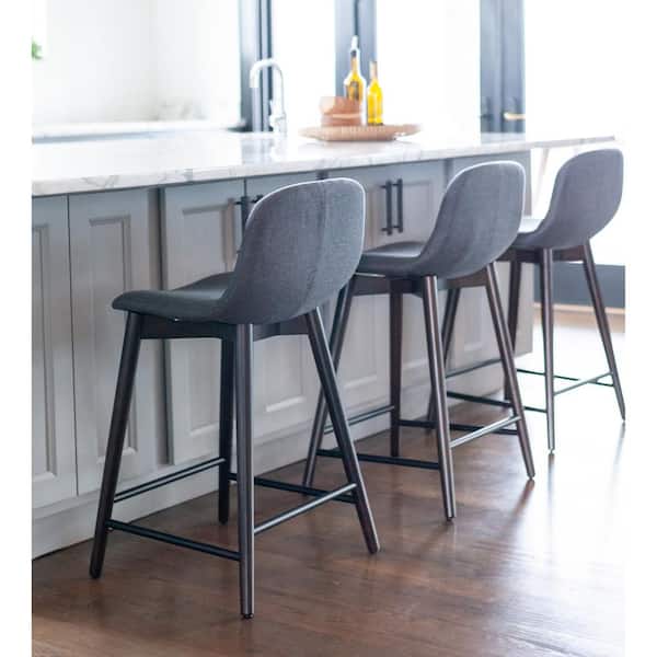 Keaton 24 in. Gray and Brown Scoop Back Solid Wood Upholstered Counter Stool