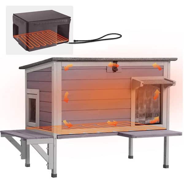 Wooden Heated Cat House with Heated Pad, Outdoor Cat Shelter with Liner Inside, Waterproof Feral Cat House