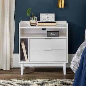 2-Drawer White Solid Wood Mid-Century Modern Nightstand with Tray Top (25.5 in. H x 25 in. W x 16 in. D)