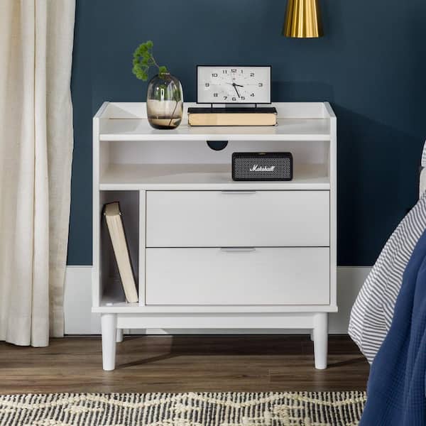 Walker Edison Furniture Company 2-Drawer White Solid Wood Mid-Century Modern Nightstand with Tray Top (25.5 in. H x 25 in. W x 16 in. D)